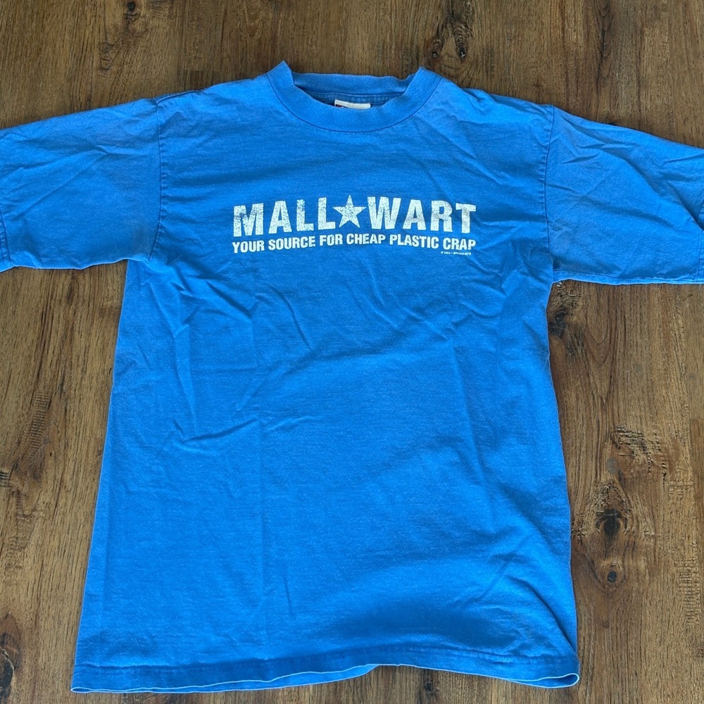 Vintage Mall-Wart Cheap Crap Novelty T-Shirt Medium Faded Bayside Blue